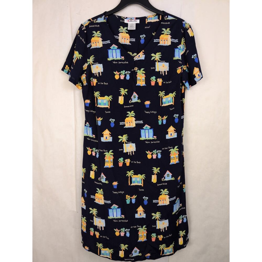 Talbots navy blue summer house print sheath dress Size 10 Novelty Casual Artsy